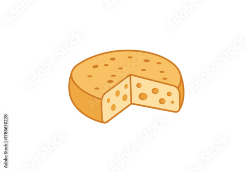 Illustration of a round yellow cheese wheel with a wedge removed