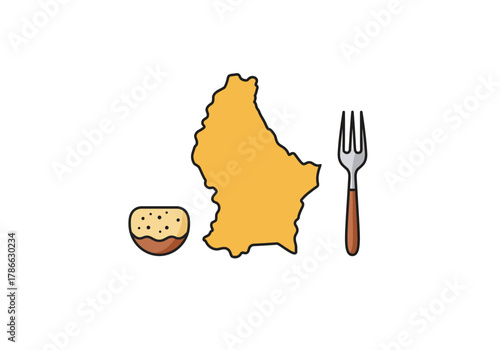 Map of Luxembourg next to a pastry and a fork on a white background