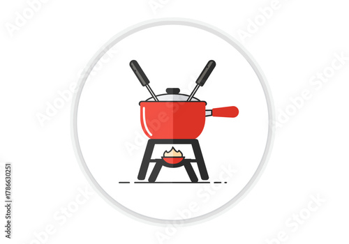 Red fondue pot on a black stand with a small flame underneath