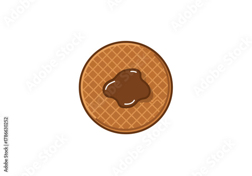 Round waffle with brown syrup topping viewed from above