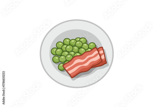 Plate of green peas and two strips of bacon viewed from above