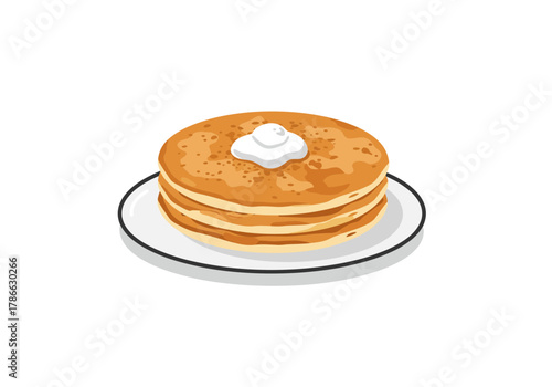 Stack of three pancakes with a dollop of cream on a white plate