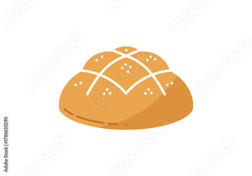 Stylized illustration of a round goldenbrown bread roll with white cross scoring and dots