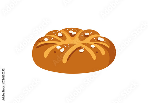 Stylized illustration of a round scored brown bread roll with white salt crystals