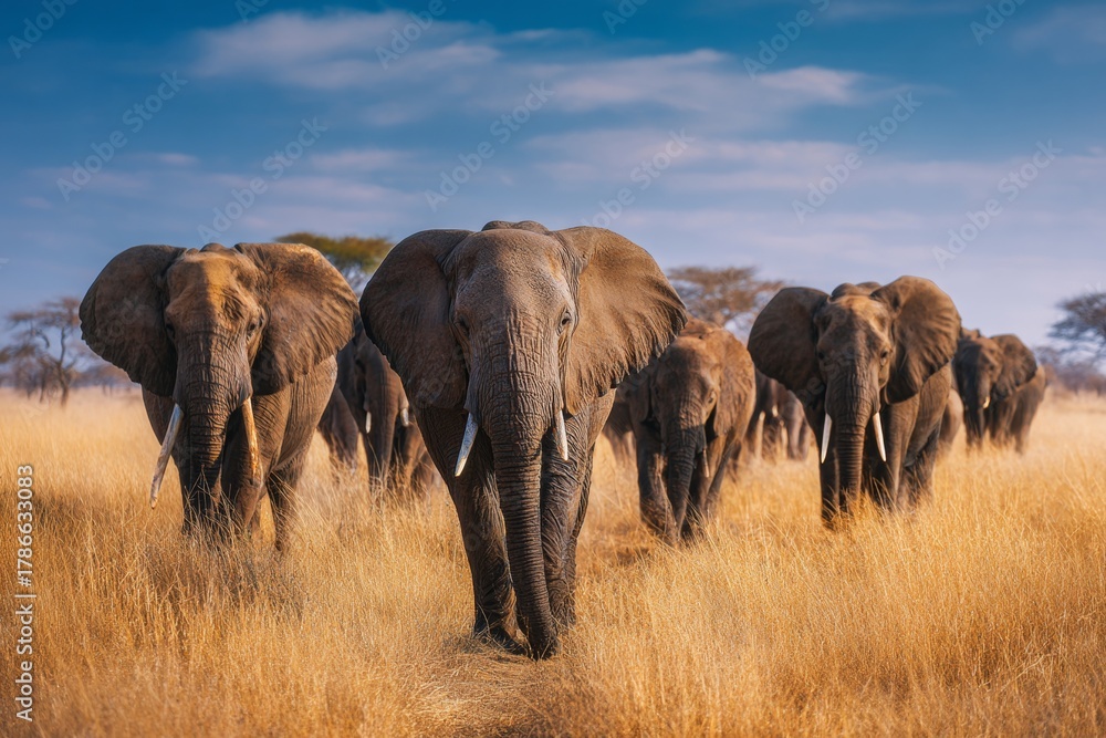 Fototapeta premium Wonders of nature: elephant herds through african landscapes. Action poster. Morning light: herd of elephants in tarangire's verdant grasslands. Cinema artwork. Adventure poster.