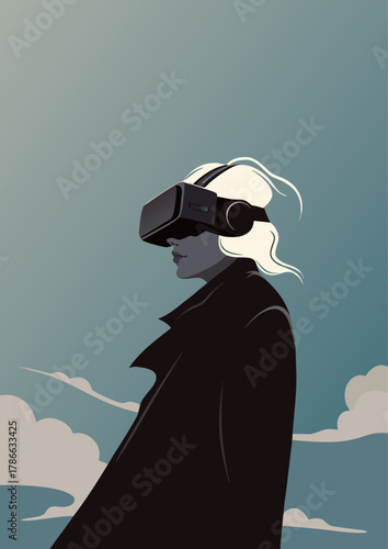Futuristic Woman in VR Headset Gazing Skyward: Immersive Technology Concept