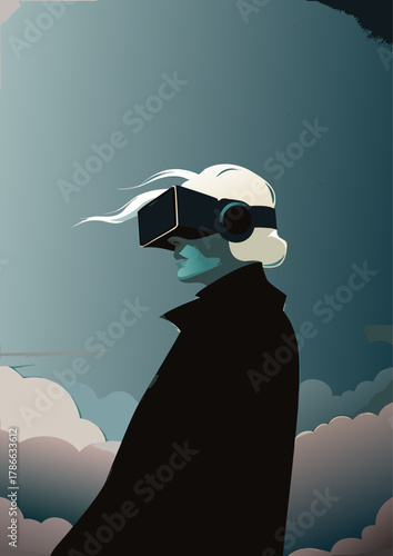 Futuristic Woman in VR Goggles Against Sky, Immersive Digital Experience