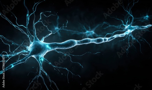 A blue and white image of a brain with many neurons