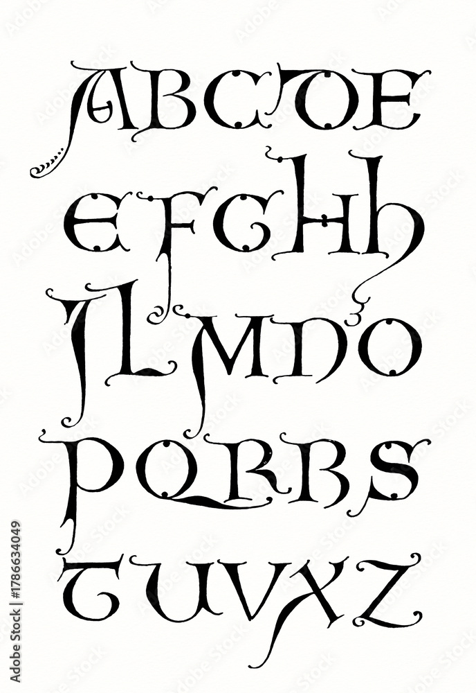 Fototapeta premium Hand-drawn alphabet created with ink and pen. Artistic black lettering in elegant ornamental style on white background.