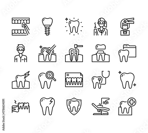 20 set of outline web dental icons such as dental implant, dentist, toothache, dental care, tooth vector thin icons for report, presentation, diagram, web design, mobile app