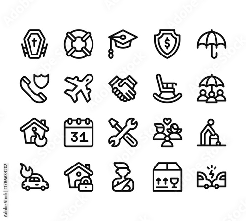 20 set of outline web insurance icons such as lifebuoy, insurance, house, car, accident vector thin icons for report, presentation, diagram, web design, mobile app