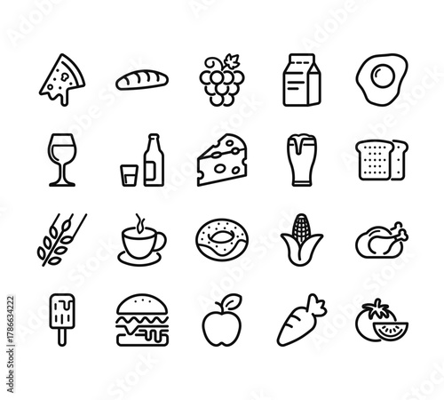 20 set of outline web food and drink icons such as bread, wine, wheat,  ,  vector thin icons for report, presentation, diagram, web design, mobile
