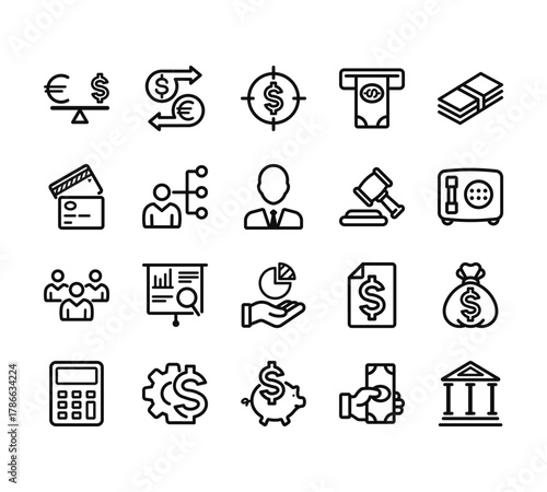 20 set of outline web business finance icons such as exchange, credit card, team, calculator, piggy bank vector thin icons for report, presentation, diagram, web design, mobile app