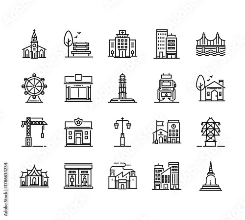 20 set of outline web city and village icons such as park, ferris wheels, crane, temple, factory vector thin icons for report, presentation, diagram, web design, mobile app