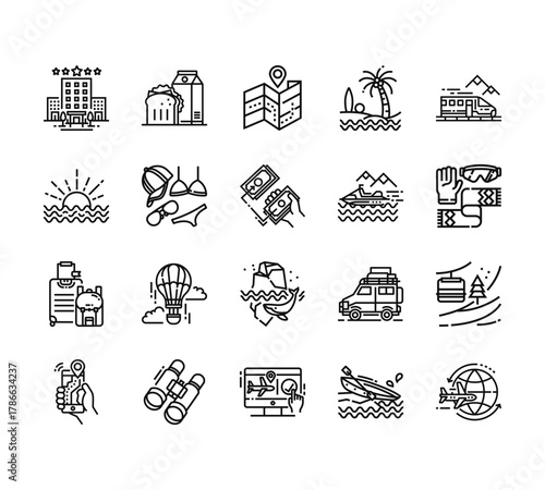 20 set of outline web travel icons such as breakfast, sunrise, suitcases, navigation, online booking vector thin icons for report, presentation, diagram, web design, mobile app
