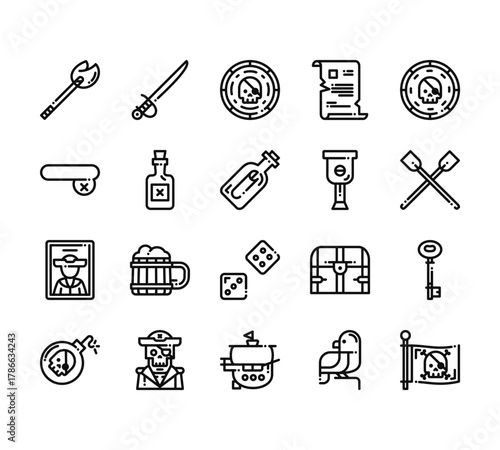 20 set of outline web pirates icons such as sword, eye patch, pirate, bomb, ship vector thin icons for report, presentation, diagram, web design, mobile app