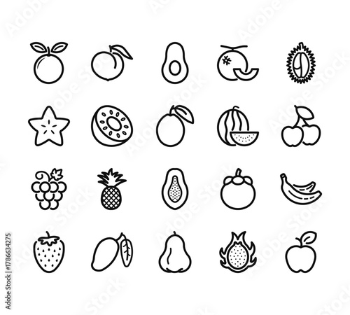20 set of outline web fruit icons such as peach, fruit, grapes, strawberry, rose vector thin icons for report, presentation, diagram, web design, mobile app