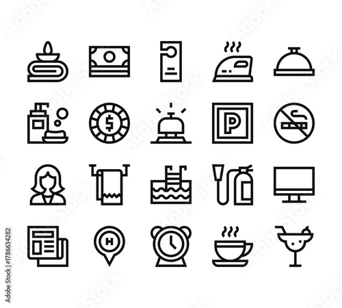 20 set of outline web hotel icons such as money, soap, reception, newspaper, clock vector thin icons for report, presentation, diagram, web design, mobile app