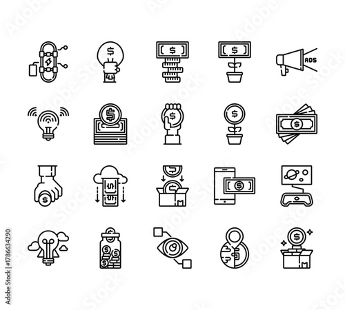 20 set of outline web crowdfunding icons such as money bag, idea, crowdfunding, idea, bionic contact lens vector thin icons for report, presentation, diagram, web design, mobile app