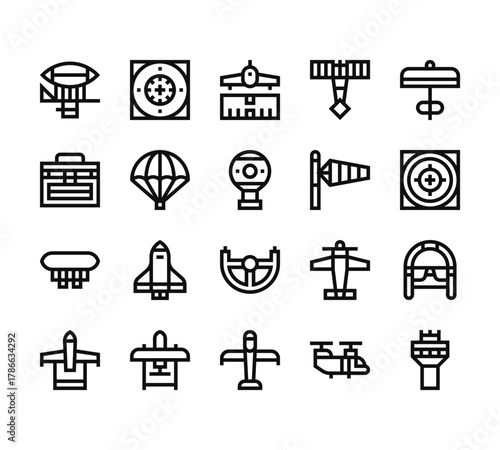 20 set of outline web aviation icons such as radar, toolbox, zeppelin, jet, ultralight vector thin icons for report, presentation, diagram, web design, mobile app