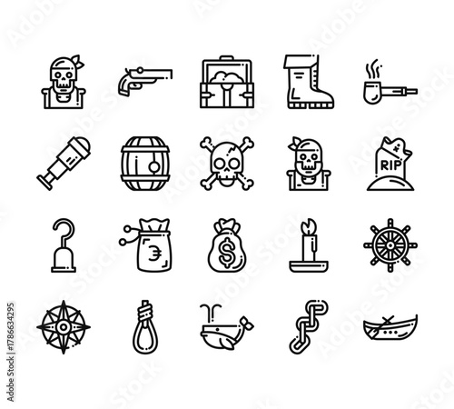 20 set of outline web pirates icons such as pistol, monocular, hooks, compass, whale vector thin icons for report, presentation, diagram, web design, mobile app