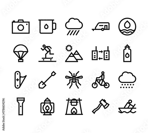 20 set of outline web outdoor activities icons such as glass of water, parachute, jackknife, flashlight, bonfire vector thin icons for report, presentation, diagram, web design, mobile app