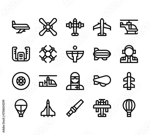 20 set of outline web aviation icons such as propeller, yoke, wheel, hot air balloon, marshall vector thin icons for report, presentation, diagram, web design, mobile app