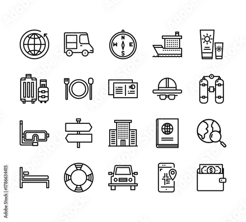 20 set of outline web travel icons such as van, luggage, goggles, bed, car vector thin icons for report, presentation, diagram, web design, mobile app