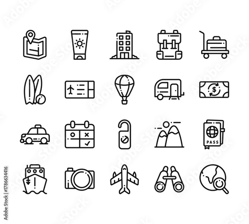 20 set of outline web travel icons such as sun cream, surf, taxi, boat, plane vector thin icons for report, presentation, diagram, web design, mobile app