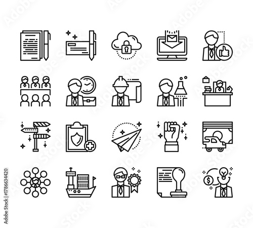 20 set of outline web business icons such as cheque, group,  , business, professional vector thin icons for report, presentation, diagram, web design, mobile app