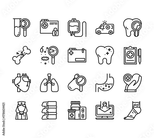 20 set of outline web medical icons such as folder, bone, heart, nurse, pills vector thin icons for report, presentation, diagram, web design, mobile app