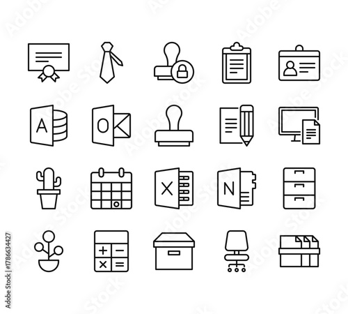 20 set of outline web workspace support icons such as tie, workspace, cactus, plant, box vector thin icons for report, presentation, diagram, web design, mobile app