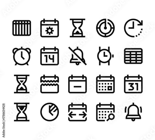 20 set of outline web calendar date icons such as calendar, alarm clock, hourglass, hourglass, calendar vector thin icons for report, presentation, diagram, web design, mobile app