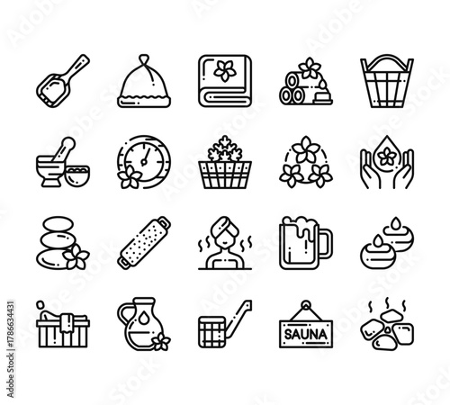 20 set of outline web sauna icons such as hat, mortar, hot stones, sauna, swipe vector thin icons for report, presentation, diagram, web design, mobile app