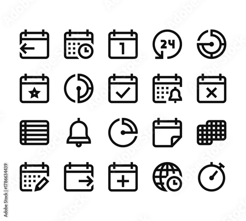 20 set of outline web calendar date icons such as calendar, calendar, vector thin icons for report, presentation, diagram, web design, mobile app