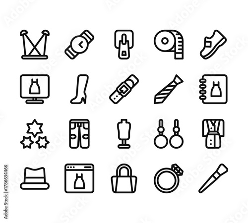 20 set of outline web fashion icons such as clock, clothes, flashes, clothes, accessory vector thin icons for report, presentation, diagram, web design, mobile app