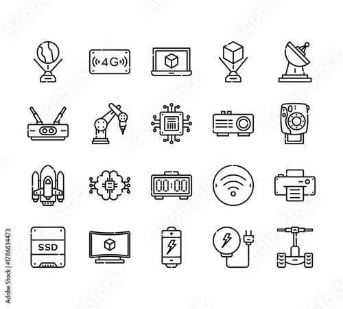 20 set of outline web technology icons such as g, router, rocket, ssd, battery vector thin icons for report, presentation, diagram, web design, mobile app