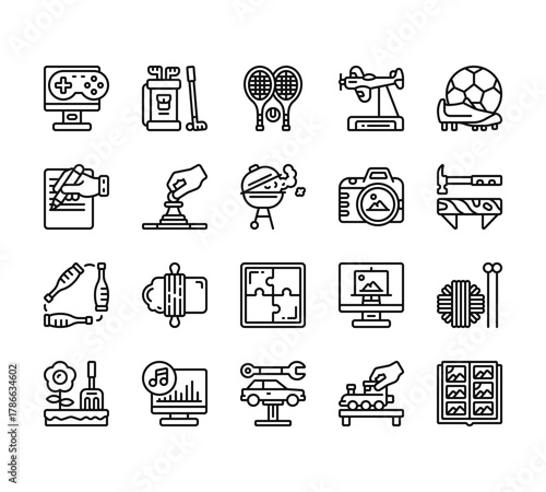 20 set of outline web hobby icons such as golf, writing, juggling, gardening, car repair vector thin icons for report, presentation, diagram, web design, mobile app
