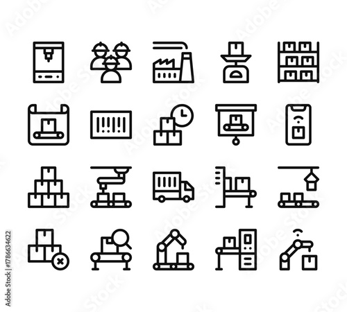 20 set of outline web mass producction icons such as engineer, blueprint, package, package, conveyor vector thin icons for report, presentation, diagram, web design, mobile app