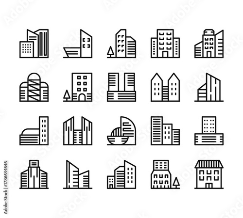 20 set of outline web building architecture icons such as office block, skycraper, office block, skycraper, apartment vector thin icons for report, presentation, diagram, web design, mobile app