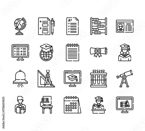20 set of outline web university icons such as test, test, bell, student, calendar vector thin icons for report, presentation, diagram, web design, mobile app