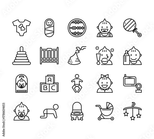 20 set of outline web baby stuff icons such as child, pyramid, kid and baby, baby, potty vector thin icons for report, presentation, diagram, web design, mobile app