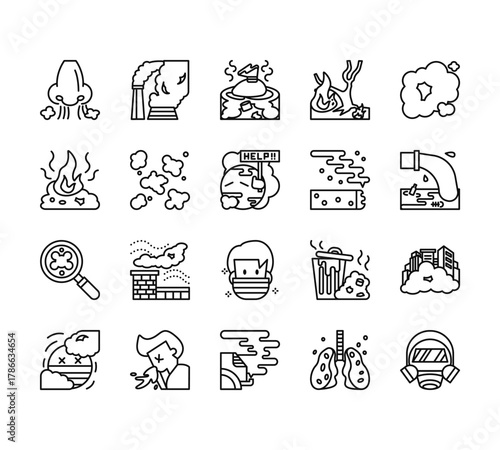 20 set of outline web pollution icons such as factory, ash, dust, sun, car vector thin icons for report, presentation, diagram, web design, mobile app