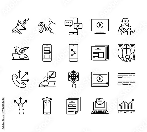 20 set of outline web advertising icons such as word of mouth, influencer, telemarketing, pay per click, flyer vector thin icons for report, presentation, diagram, web design, mobile app