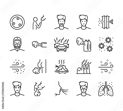 20 set of outline web air pollution contamination icons such as smoking, mask, dust, sad, breath vector thin icons for report, presentation, diagram, web design, mobile app