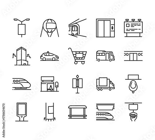 20 set of outline web out of home media icons such as hot air balloon, building, train, board, bus stop vector thin icons for report, presentation, diagram, web design, mobile app