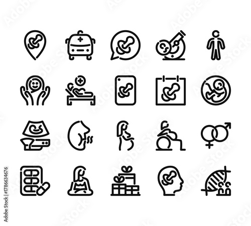 20 set of outline web pregnancy icons such as ambulance, newborn, ultrasound, pill, gifts vector thin icons for report, presentation, diagram, web design, mobile app