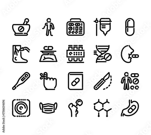 20 set of outline web medicines icons such as orthopedic, laser, thermometer, condom, implant vector thin icons for report, presentation, diagram, web design, mobile app