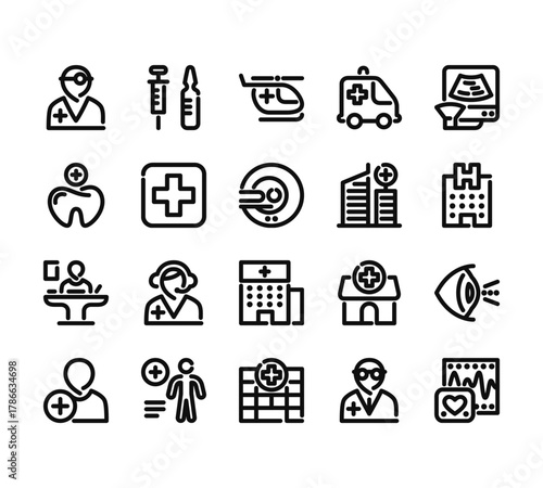 20 set of outline web hospital icons such as vaccine, tooth, reception, patient, hospital vector thin icons for report, presentation, diagram, web design, mobile app