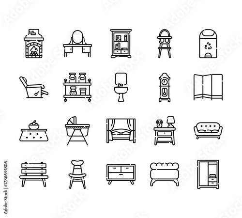 20 set of outline web furnitures icons such as dressing table, recliner, kotatsu, bench, drawer vector thin icons for report, presentation, diagram, web design, mobile app
